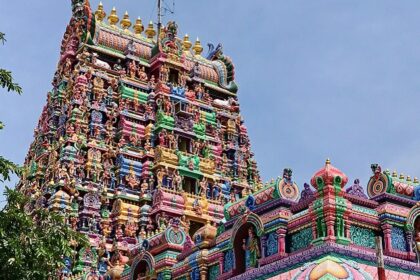 Thirupanjali temple with a stone-carved sanctum and Dravidian architecture style