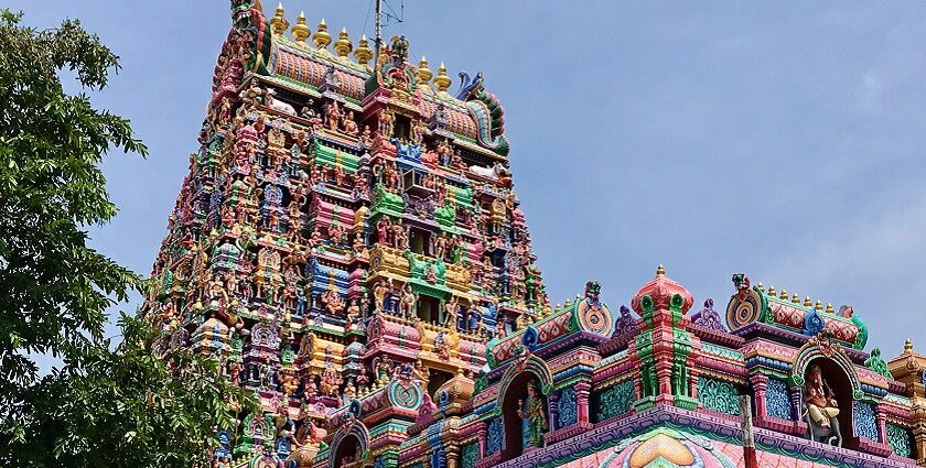 Thirupanjali temple with a stone-carved sanctum and Dravidian architecture style