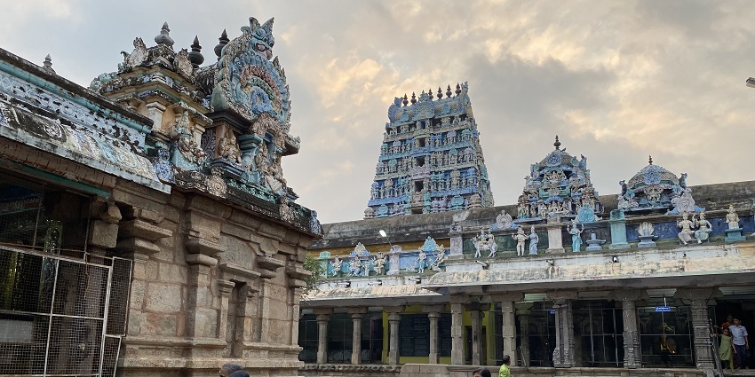 Thiruvaiyaru Temple with intricate architecture and detailed carvings near Peruvudaiyar Temple.