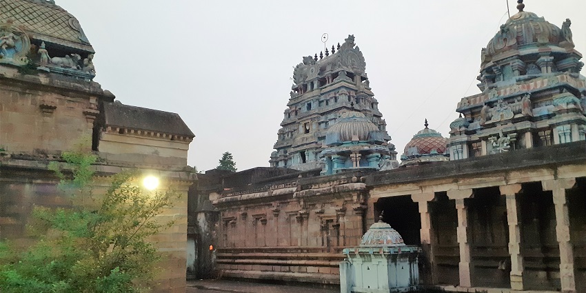 Vadaranyeswarar Temple with intricate carvings, traditional architecture, and pillars
