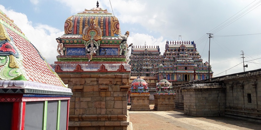 Thyagaraja Temple with its colourfully carved towering gopuram in the temple complex.