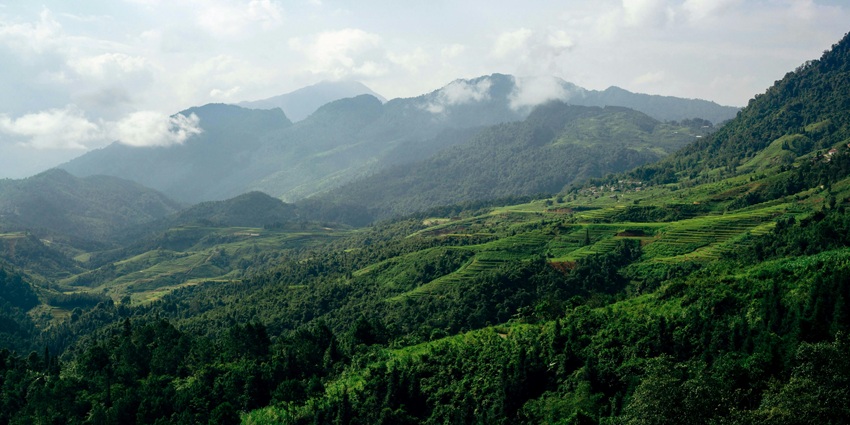 Image of a viewpoint with lush greenery covered hills under clear blue sky