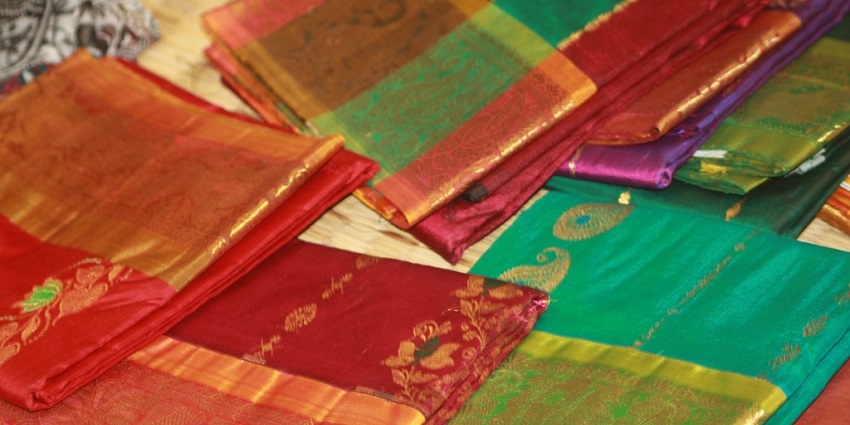 Kanchipuram sarees on display at Tilfi, one of the saree shopping places in Varanasi