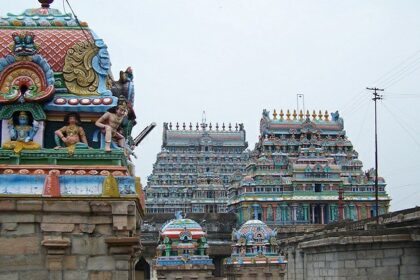 Colourful, intricate architecture of Tiruvottiyur Temple with detailed carvings and statues