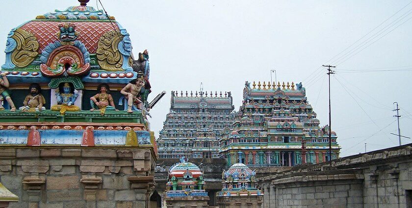 Colourful, intricate architecture of Tiruvottiyur Temple with detailed carvings and statues