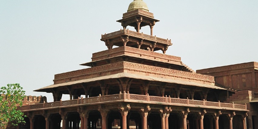 Five-storey open pavilion of Panch Mahal in Fatehpur Sikri with ornate columns