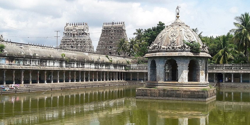 View of the Vaitheeswaran Koil, featuring ornate gopurams