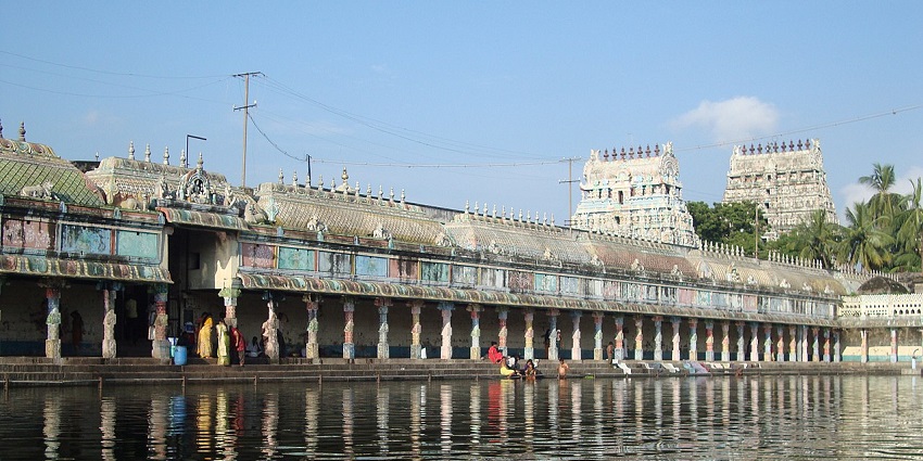 Colorful gopuram, healing tank, and Shiva shrine revered as Angaraka Navagraha temple in Mayiladuthurai district, situated near Kethu temple.