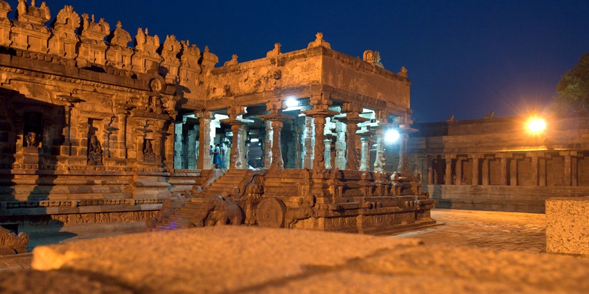 Ancient stone temple with intricate carvings in Chennai, Tamil Nadu.