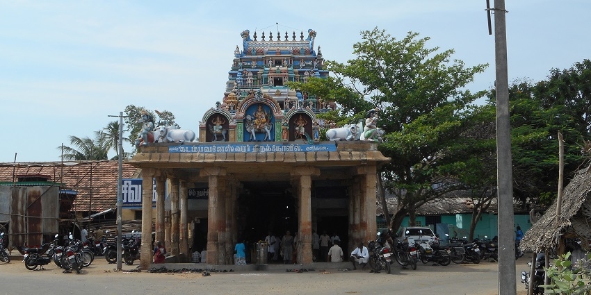 Temple in Kulithalai with its intricately carved stone entrance in Kulithalai, Tamil Nadu.