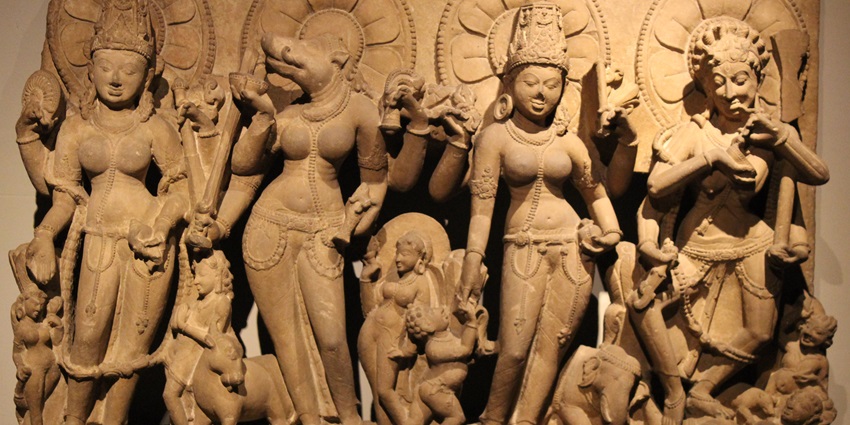 Statues of Vaishnavi, Varahi, Indrani, and Camunda displayed at the temple.