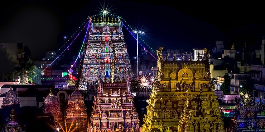 Parthasarathy Temple adorned and vibrant with devotees near kandhakottam temple