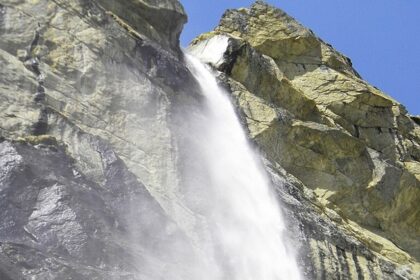 A view of the 400 feet high Vasundhara Waterfalls in the hills of lower Himalayas