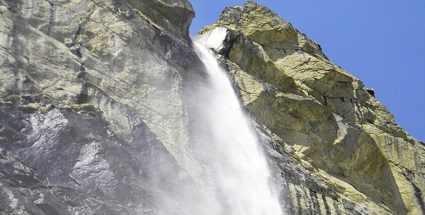 A view of the 400 feet high Vasundhara Waterfalls in the hills of lower Himalayas