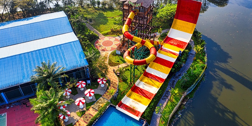 A glimpse of water slides with a view at the Vedic Village Poolside in Kolkata.