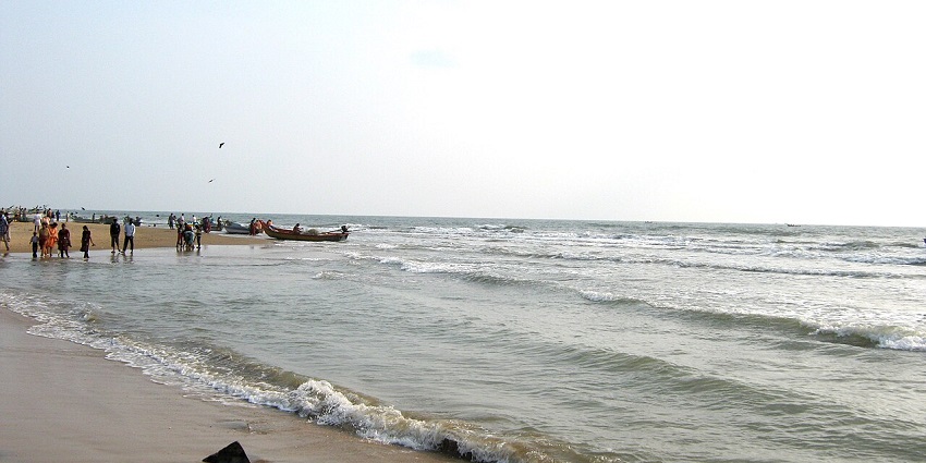 Two Palm trees on Velankanni Beach with a distant shoreline, calm waters and hills.
