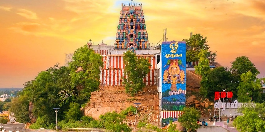The rocky ascent to Viralimalai Murugan Temple with panoramic views in Tiruchirappalli.