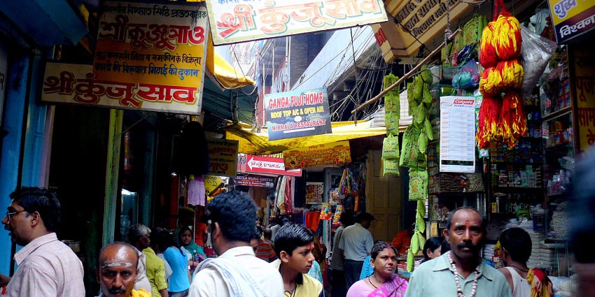Explore one of the best streets for shopping in Varanasi for silk and brassware