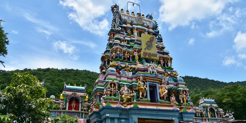 The Alagar Kovil Temple, a famous place near Madurai, features a traditional gopuram.