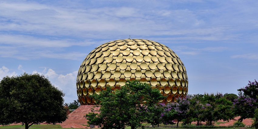 An image of the crystal in the inner chamber of Matrimandir in Auroville, India.