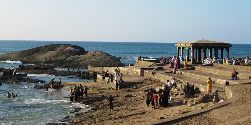 The Bhagavathy Amman Temple in Kanyakumari, featuring intricate architecture and a calm atmosphere.
