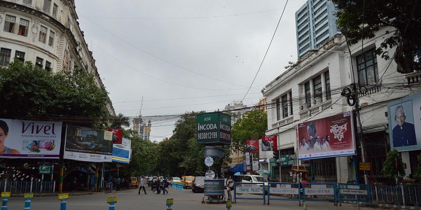 The Park Street is decorated with colourful lights at night during festivals in Kolkata.