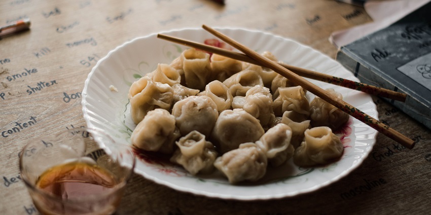 Momos served at a restaurant near Binsar Wildlife Sanctuary.