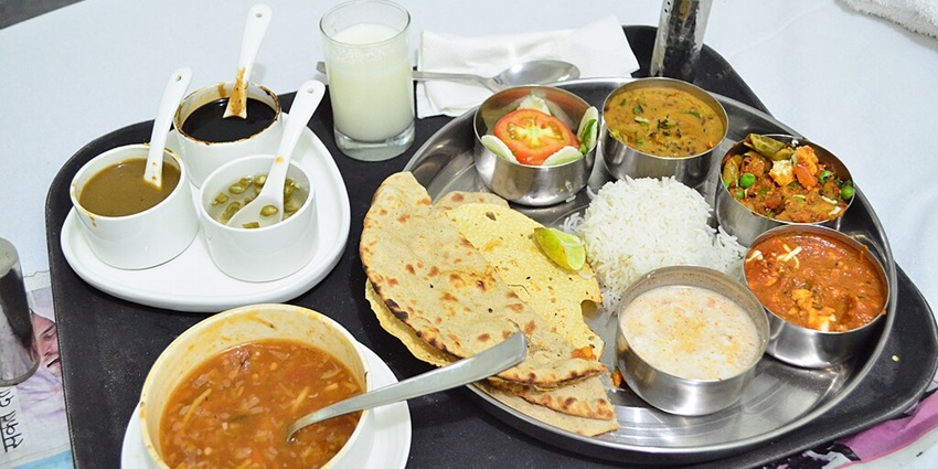 A North indian thali served at a restaurant nearby