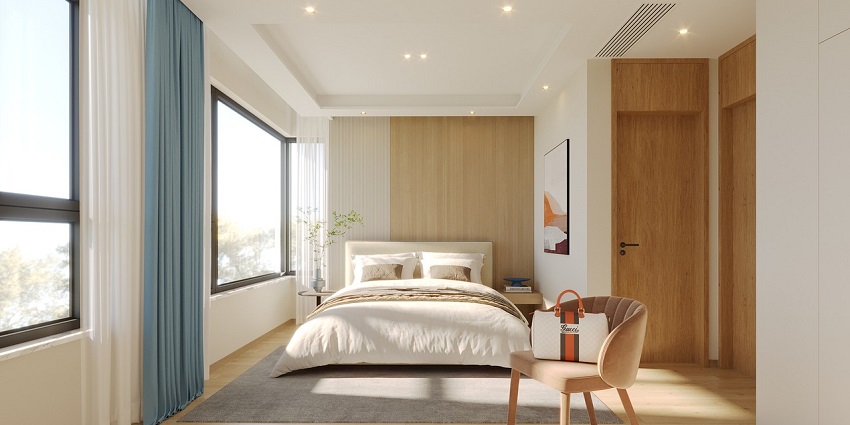 Cosy bedroom featuring modern indoor decorations and stylish furnishings.