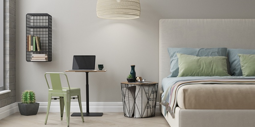 Modern bedroom showcasing a stylish bed and contemporary interior design elements.