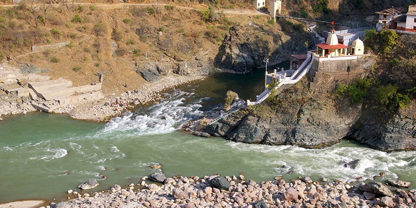 Scenic view of the Rudraprayag Sangam, with three rivers meeting at one point.
