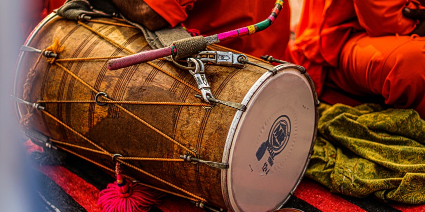 A glimpse of a tabla being played by saints at the Karuppasamy Temple, Madurai.
