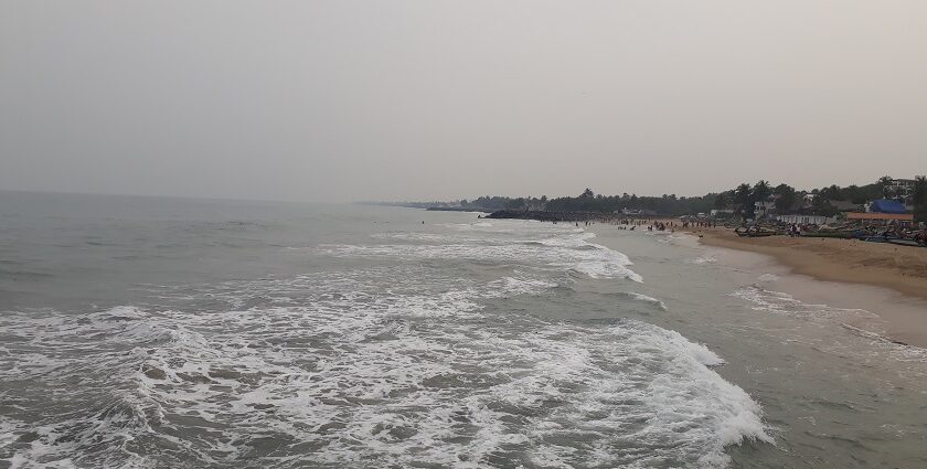 A panoramic view of the Chennai beach near one of the Buddha temples in Chennai.