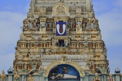 Early morning view of the top of the temple tower of the Thiruvallur temple, Tamil Nadu.