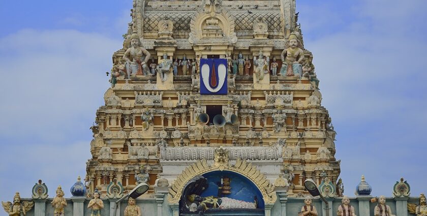 Early morning view of the top of the temple tower of the Thiruvallur temple, Tamil Nadu.