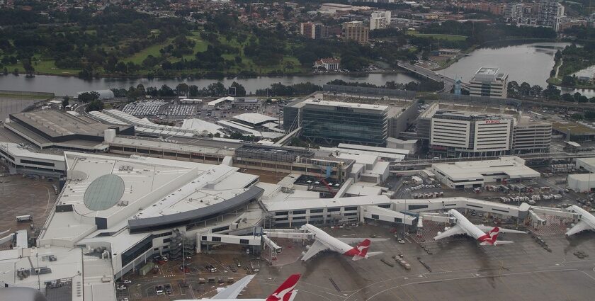 An aerial view of Sydney Airport, among the airports in Australia and busy travel hubs.