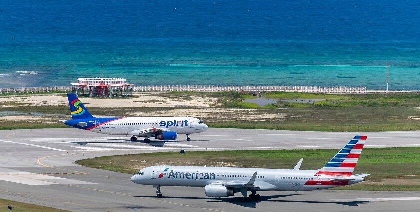 A view of American Airlines aircraft on the runway preparing for departure in Montego Bay.