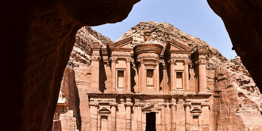 Famous rock-cut temple in Petra, also known as The Treasury.