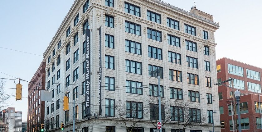 An image showcasing the exterior of The Andy Warhol Museum, contemporary architecture in Pittsburgh.