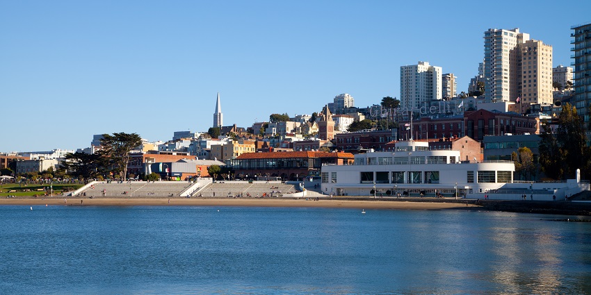 View of the Aquatic Park Historic District in San Francisco, showcasing its historic architecture.