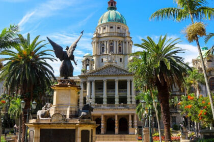 A glimpse of Durban City Hall with the War Memorial, KwaZulu-Natal province, South Africa.