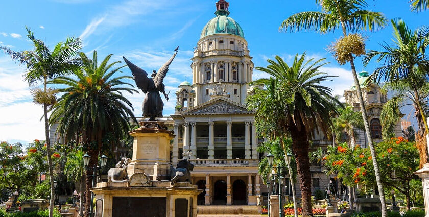 A glimpse of Durban City Hall with the War Memorial, KwaZulu-Natal province, South Africa.