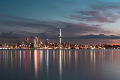 A view of the Vibrant streets of Auckland during night time and reflecting on the lake water