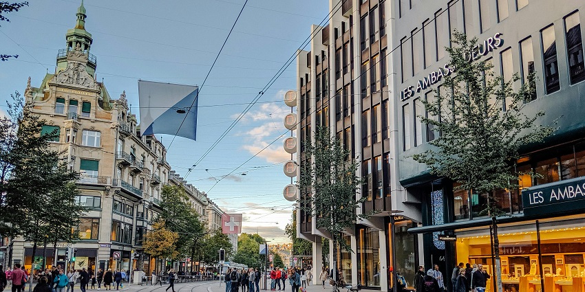 The famous shopping street Bahnhofstrasse in Zurich with luxury stores and cafes.