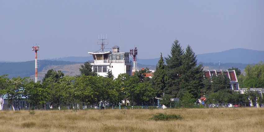 Baia Mare Airport with distant buildings of the baia mare airport and tall tower lights