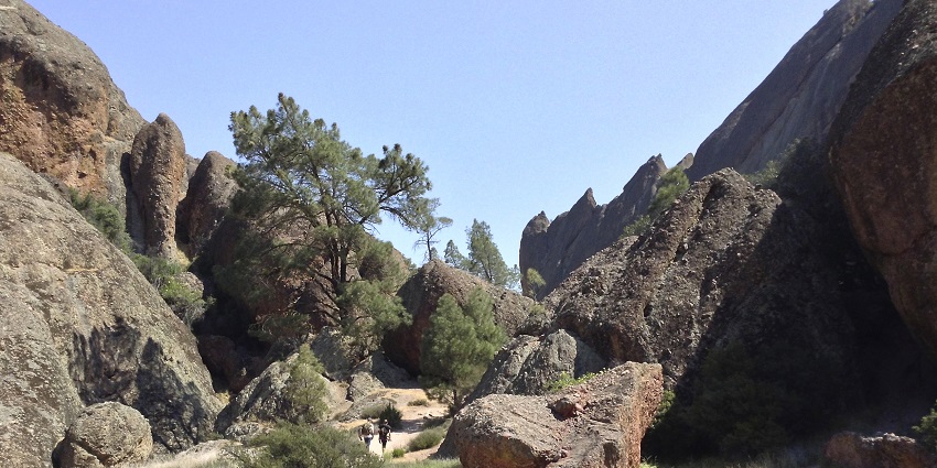 An image of Balconies Cave Trail in Pinnacles National Park, surrounded by rock formations.