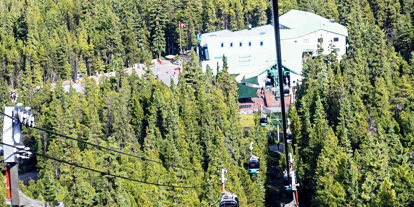 Descent to the lower Banff Gondola level showing several cable cars one after another