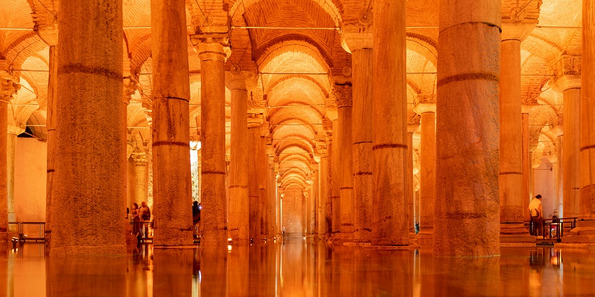 The underground cistern is among the best places to visit in Istanbul in July with columns.