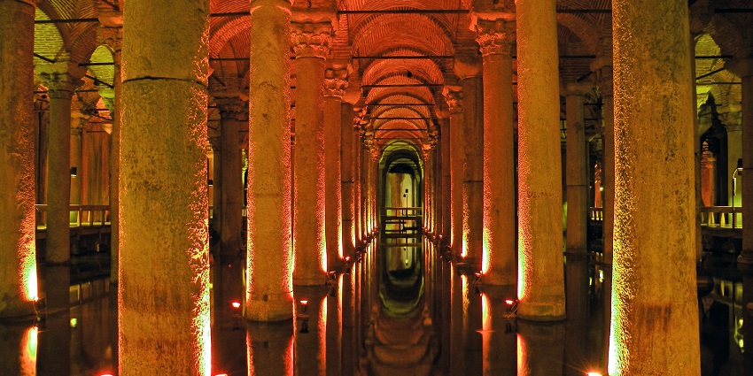 Underground water reservoir featuring impressive columns and mystical ambiance.