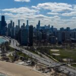 An aerial picture of the North Avenue Beach with the Chicago skyline in background